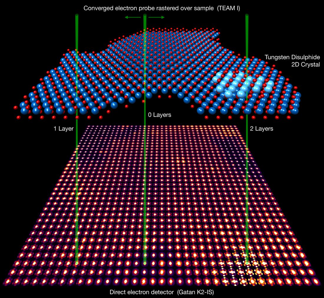 A converged electron probe rastered over a WS2 crystal, recording a full diffraction pattern on a direct electron detector at every scan position