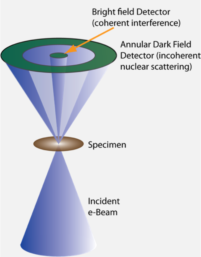 Conventional STEM geometry with bright field and annular dark field detectors